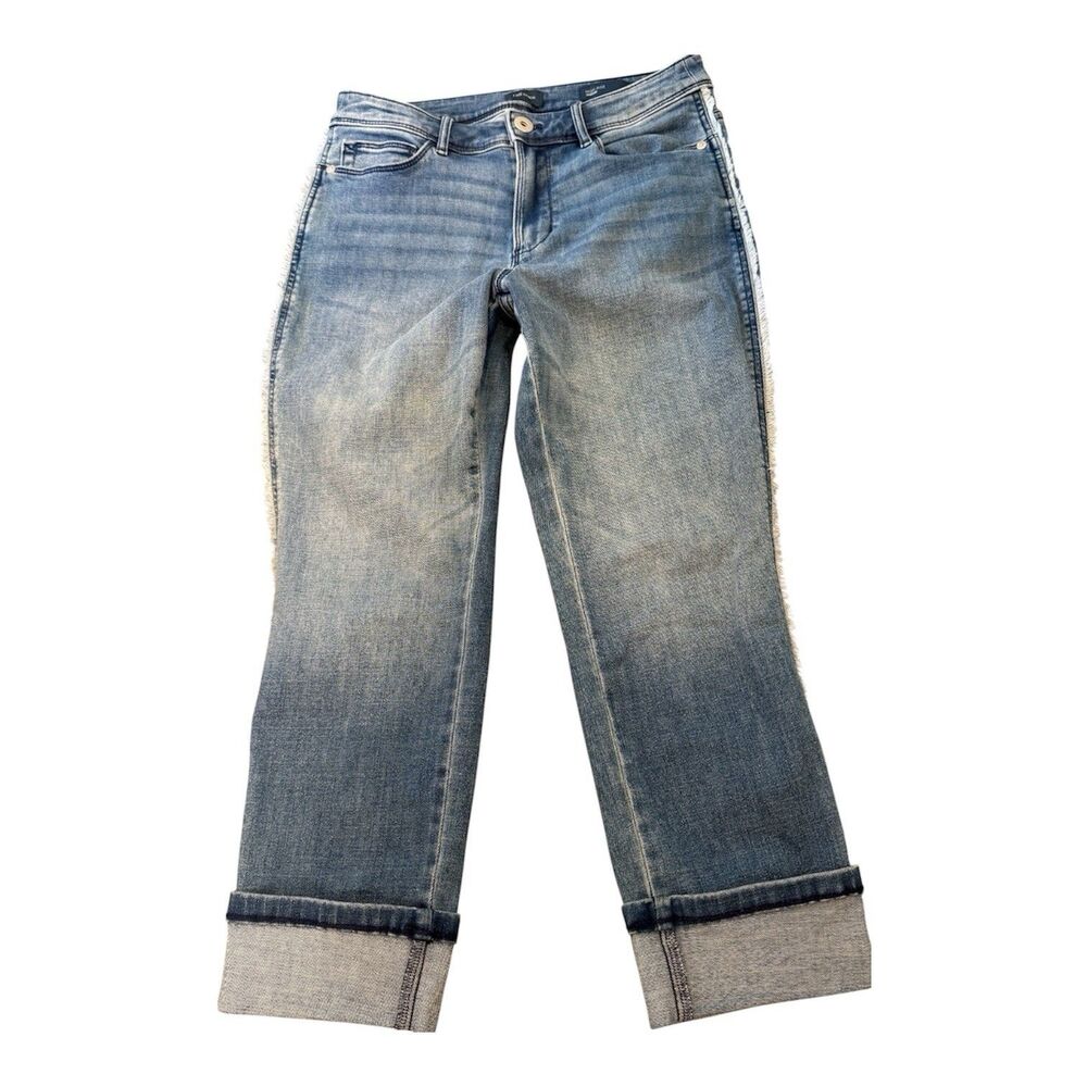 J Jill Denim High Rise Cropped Jeans 6 Petite Blue Frayed Side Stripe Straight